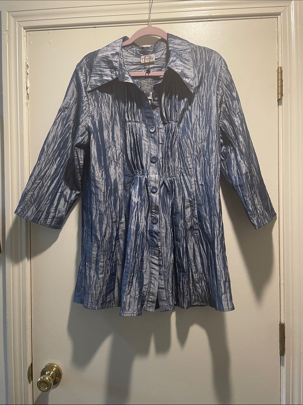 Noelle Metallic Blue Crinkle Button-Up Jacket